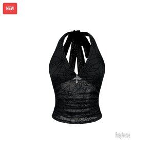 Mesh Halter Top Sheer Backless Ruched V-Neck Y2K Goth Rave Outfit